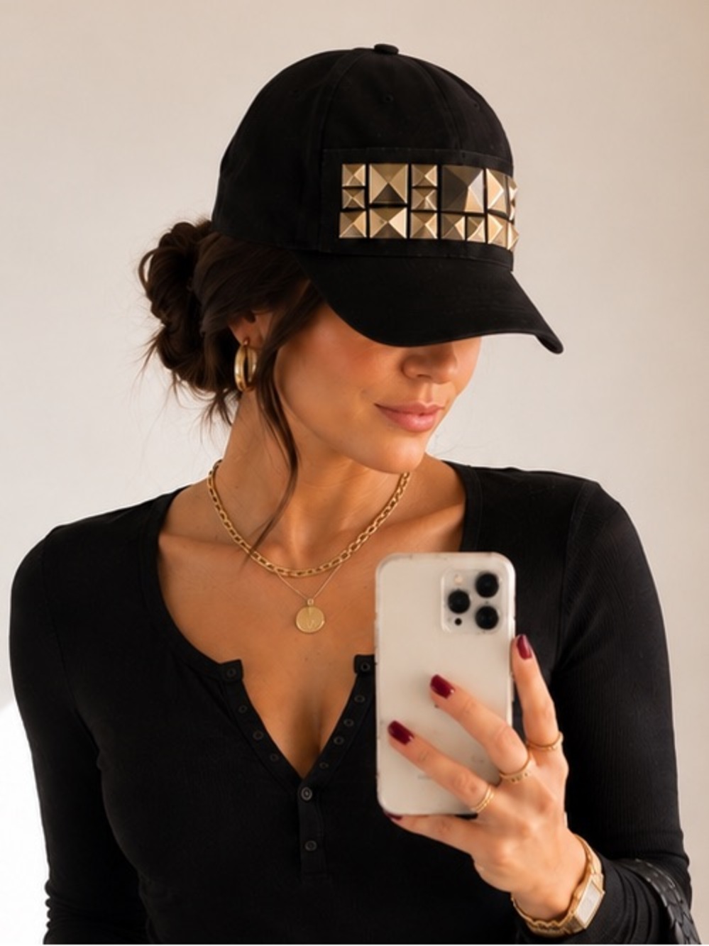 BCBGMAXAZRIA Y2K Black Studded Hat Cap Studded Rocker Moto Indie Mobwife Edgy